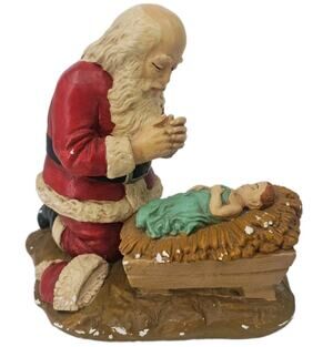 1976 Vintage RP Gauer Kneeling Santa Praying over Baby Jesus R Vargas HEAVY 12"